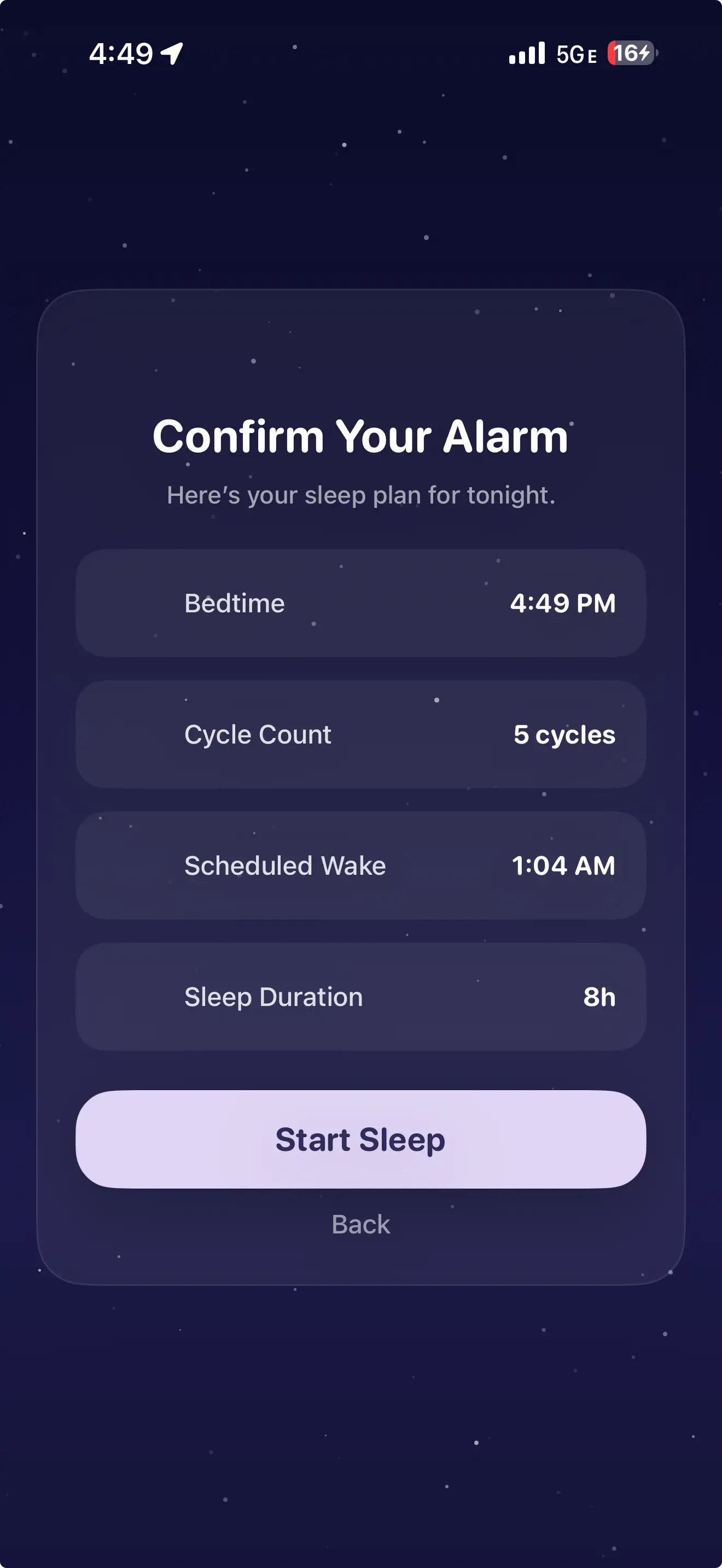 SleepTight confirmation screen