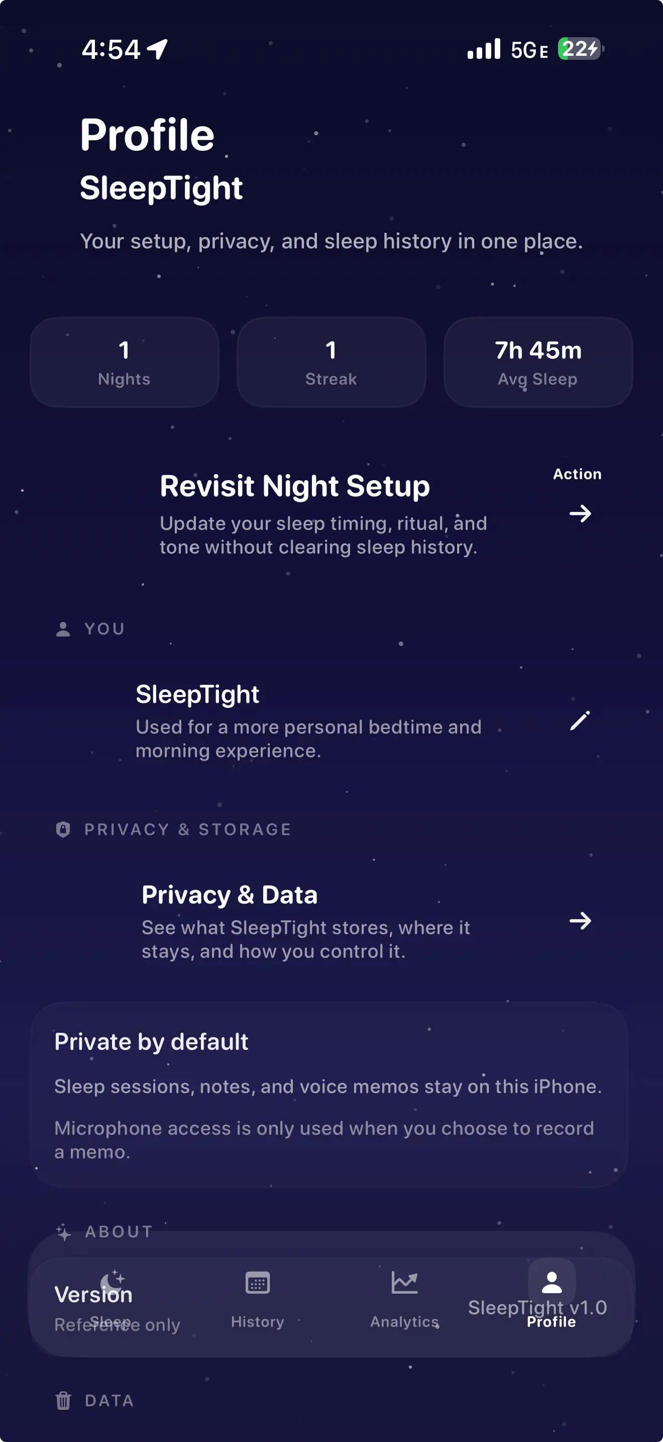 SleepTight profile screen