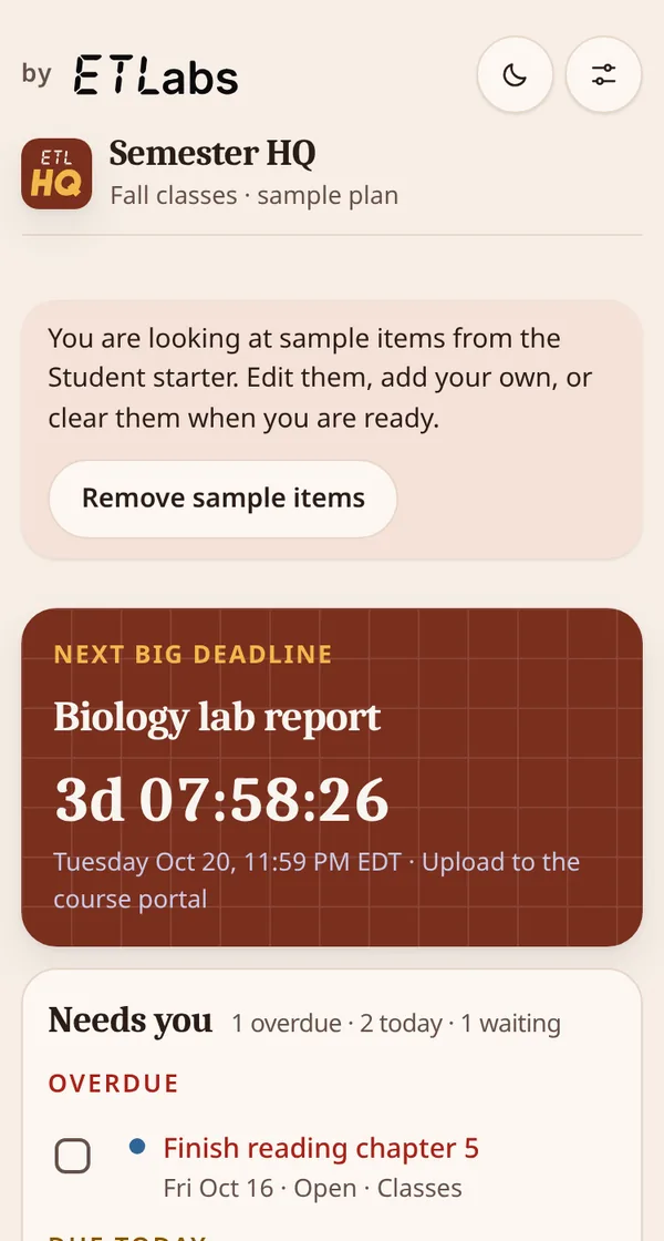 MyHQ on a phone with example data: deadlines, this week and to-dos on one page.