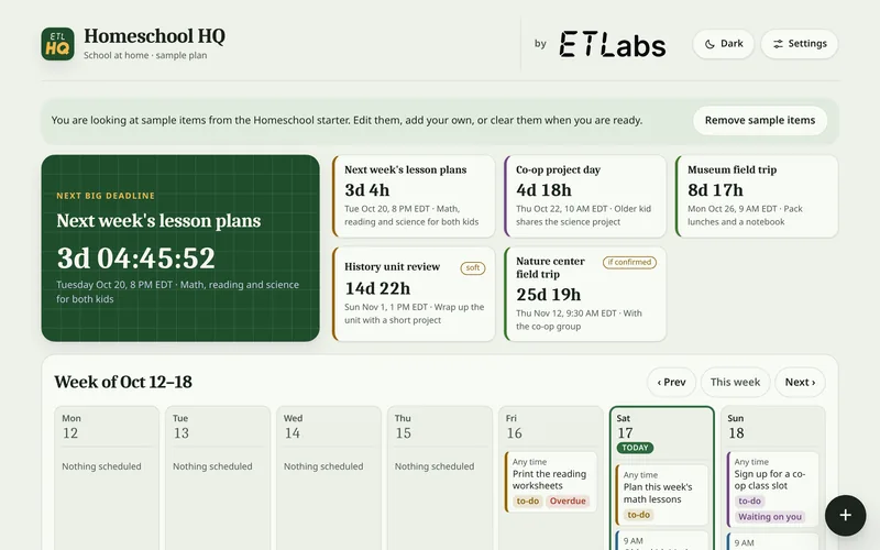 ETLabs MyHQ on a desktop, Homeschool HQ with example deadlines and a week view.