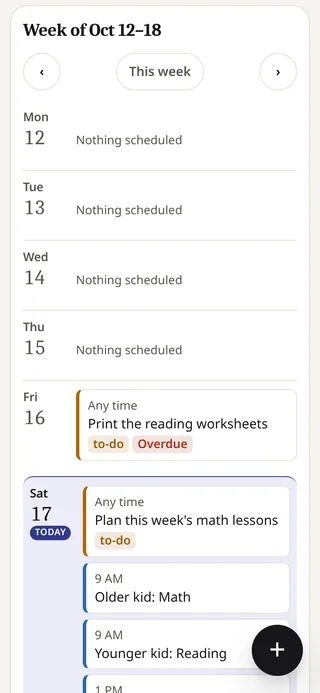 ETLabs MyHQ on a phone, week view with example homeschool data.
