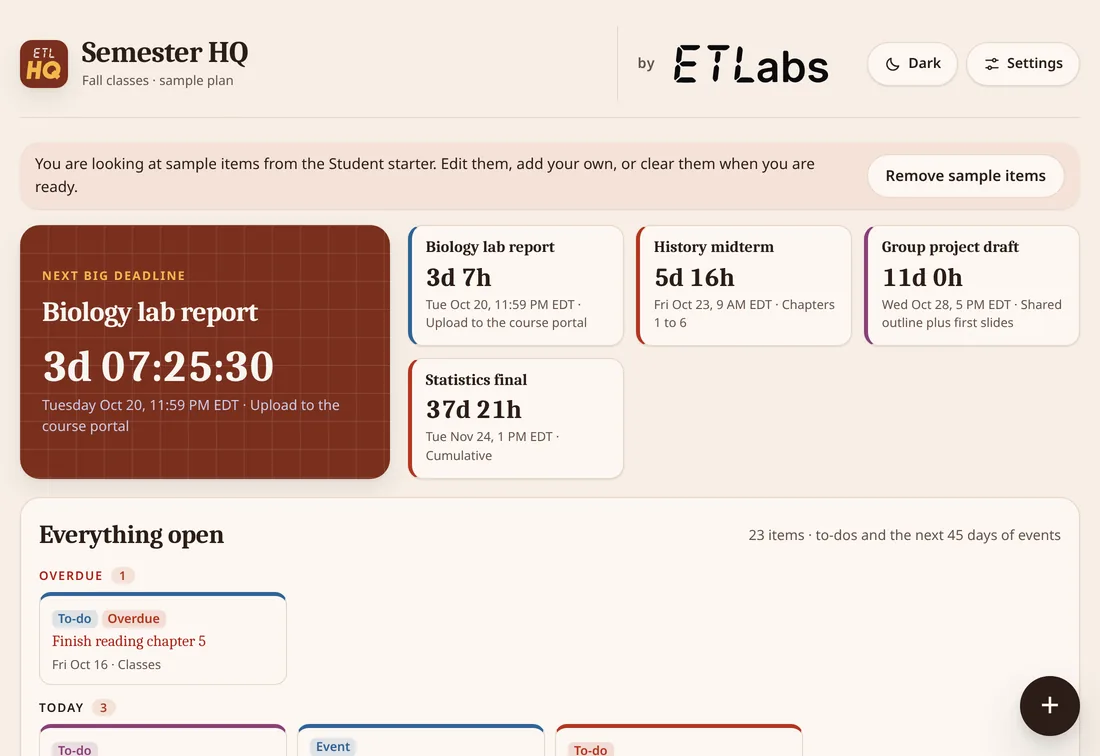 Cards layout with example data: every open item as a tile.