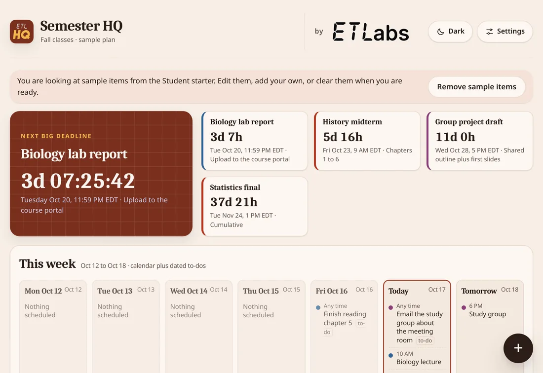 List layout with example data: everything on one page.