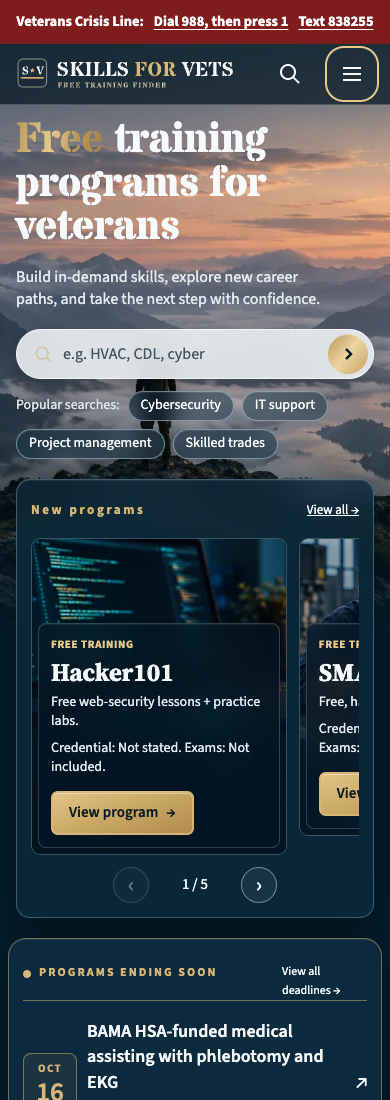 Skills for Vets homepage with training search and program listings
